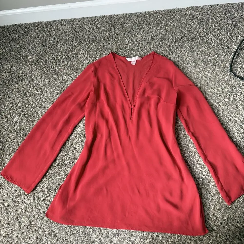 Vintage Y2K Victoria’s Secret Sheer Slip Nightgown Red S Longsleeves Mini Dress